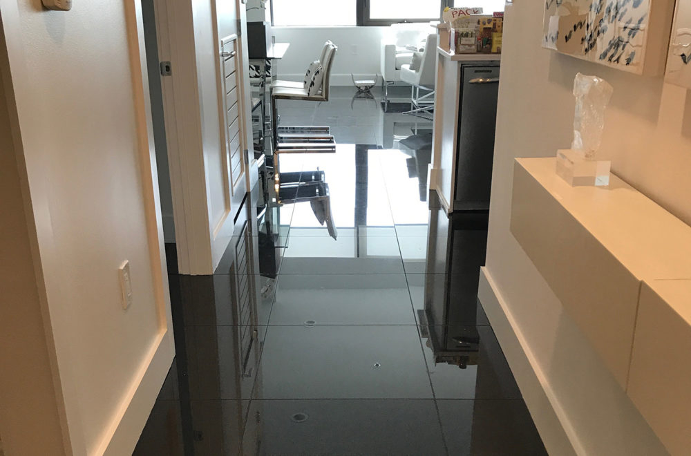 A hallway with highly reflective black tile flooring, white walls, and modern furniture in the background near a window.