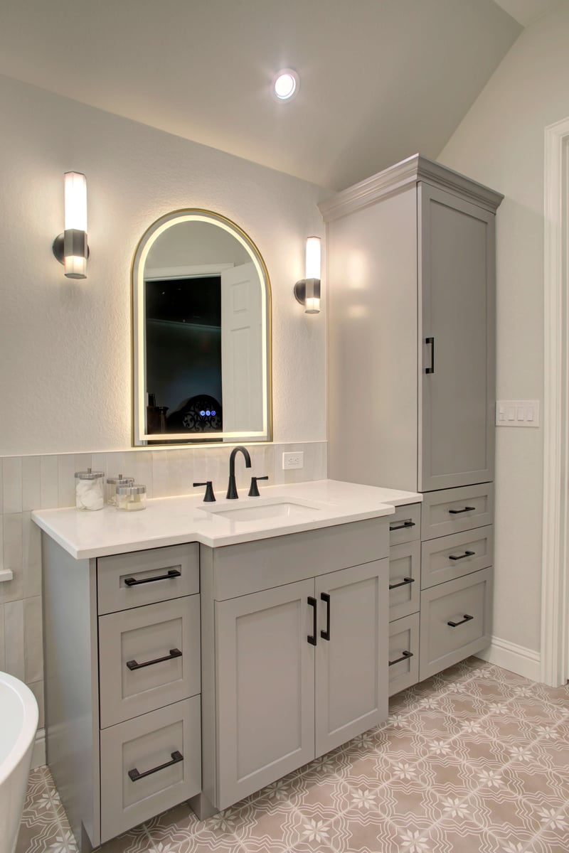 Modern bathroom vanity with gray cabinets, black hardware, integrated sink, arched mirror with backlighting, two wall sconces, and patterned tile floor.
