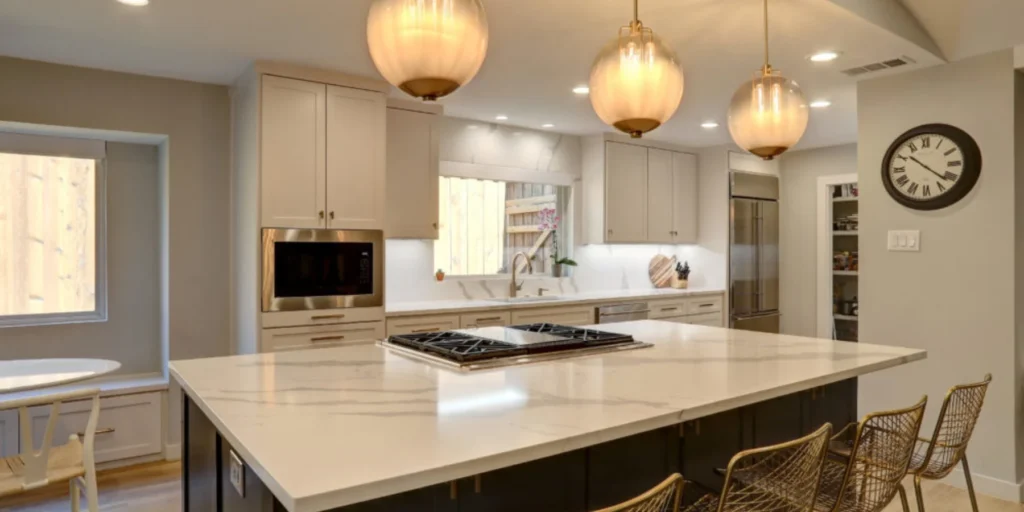 Modern kitchen with a large marble island, built-in appliances, gold pendant lights, and wire bar stools. Neutral tones and natural light create a clean, spacious atmosphere.