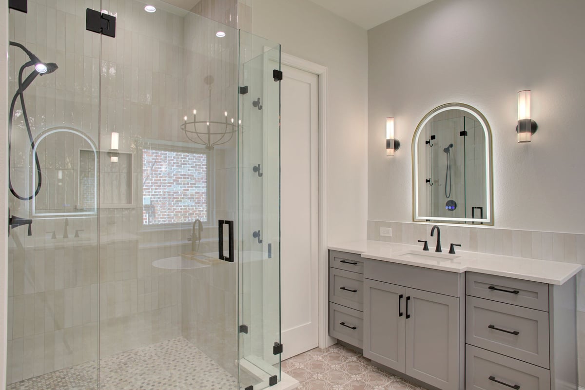 Modern bathroom with a glass-enclosed shower, double sink vanity with gray cabinets, arched mirror, wall sconces, and light-colored tile flooring.